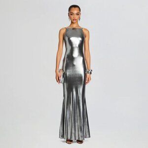 Retrofete Romilly Maxi Dress Gunmetal Silver Size Large NEW NWT